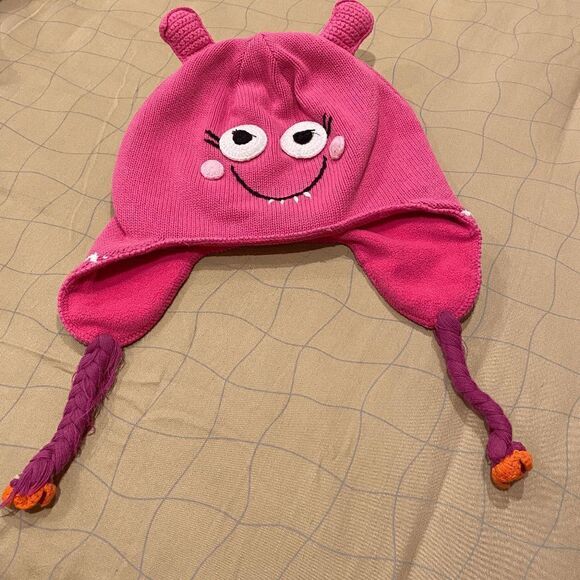 Hanna Andersson Girls Hat Knit Cap Funny pink Monster Tassels Size Large - Picture 1 of 8